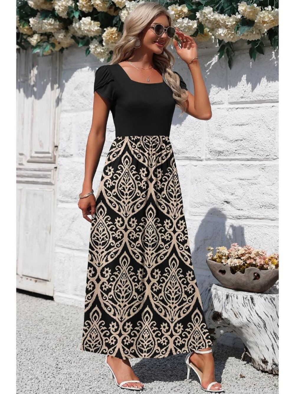 Women's Khaki Square Neck Maxi Dresses Petal Short Sleeve Casual Long Dress - Picture 2 of 4